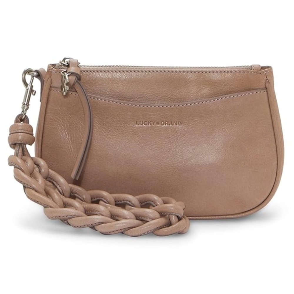 LUCKY BRAND Leather Lola Wristlet Clutch Purse Brown Braided Strap NWOT